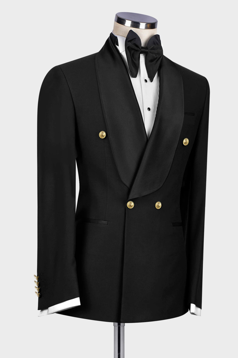 Black Double-Breasted Wool Blend Shawl Collar Men's Wedding Suit with Gold Buttons