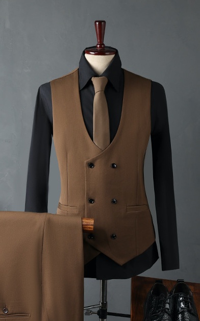 Italian Brown Lapel Slim Fit Suit Wedding Business Suit with Adjustable Chest Button