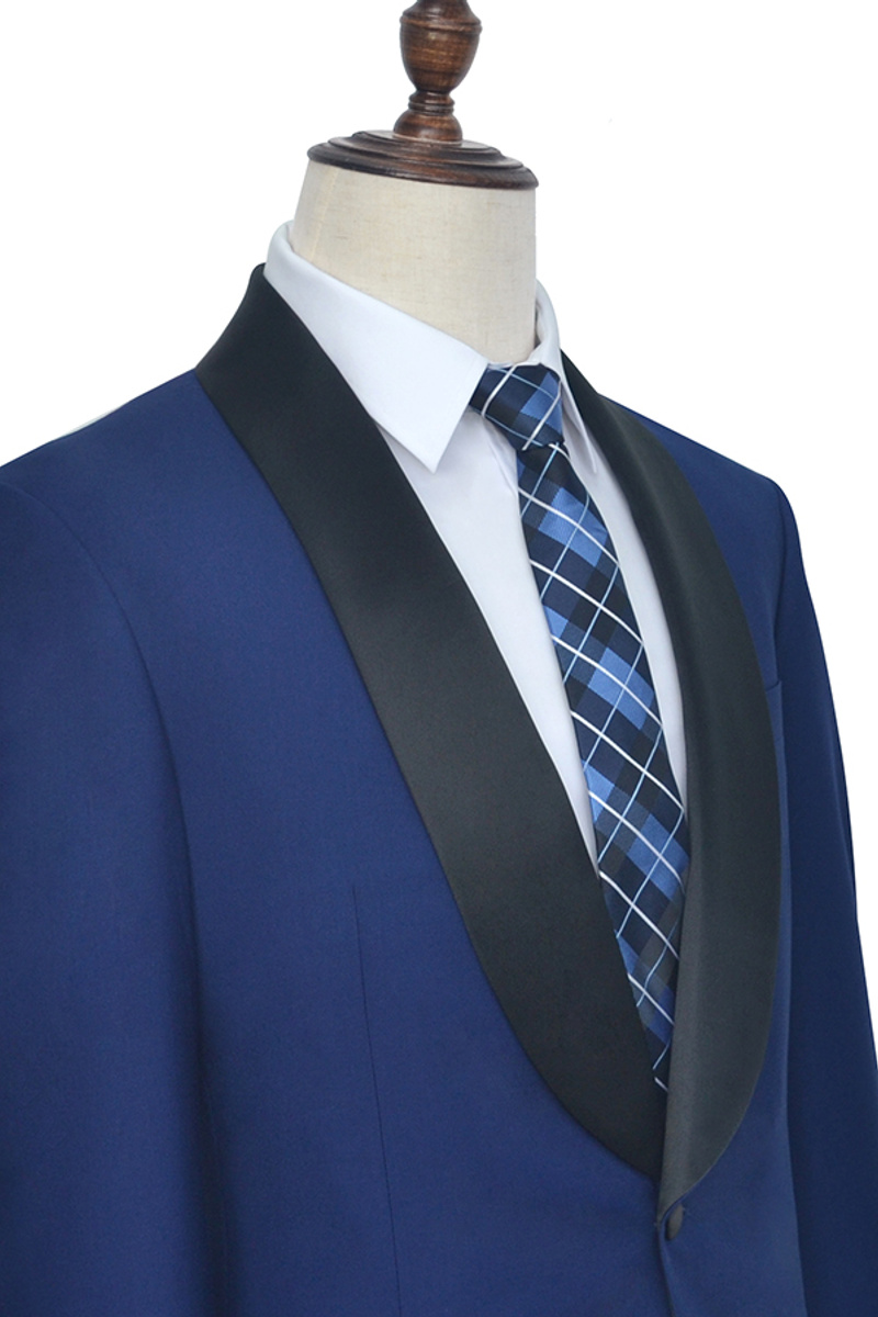One-Button Black Silk Shawl Lapel Wedding Suit Fashion Blue Prom Suit