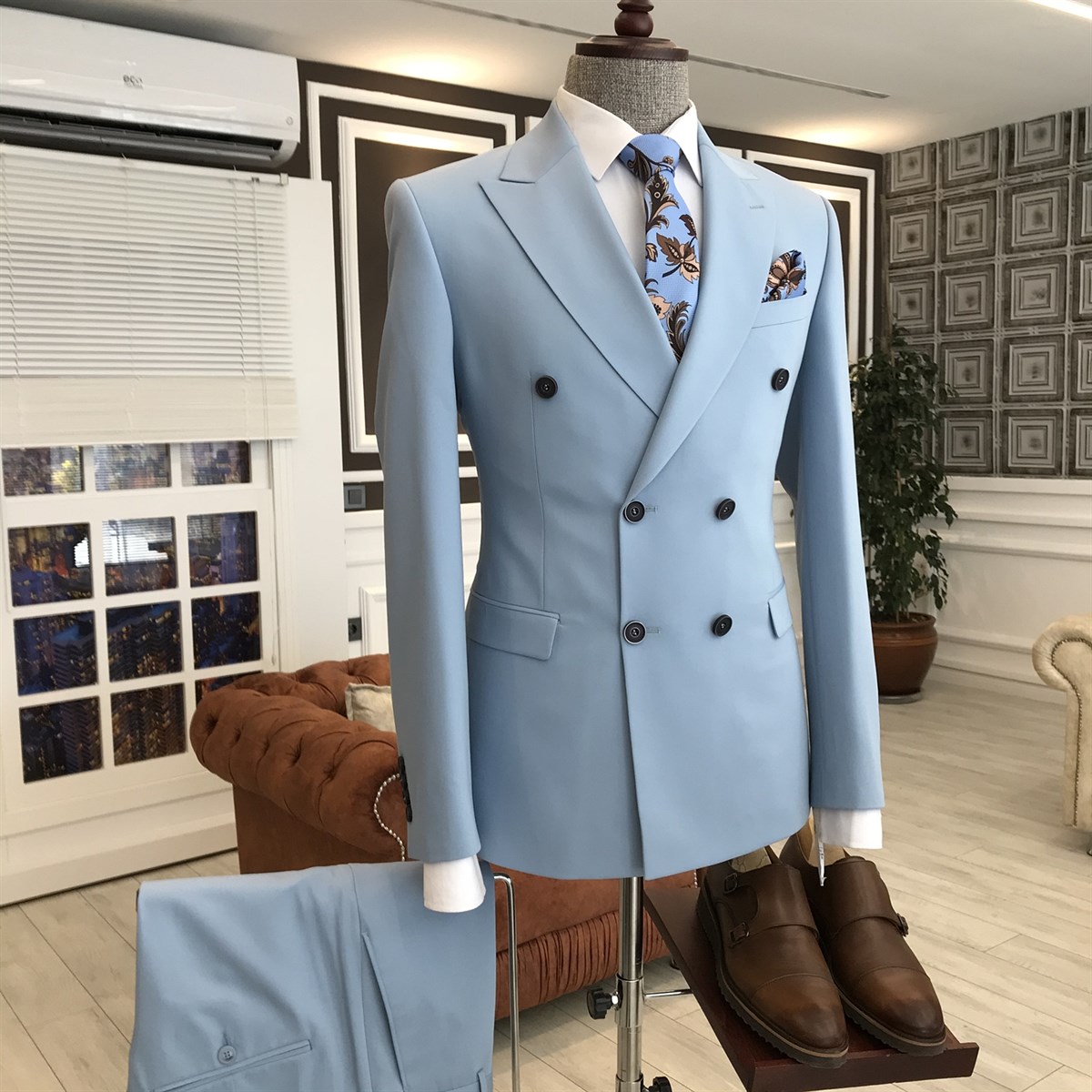 Paddy Fashion Blue Point Lapel Double-Breasted Best Business Suit