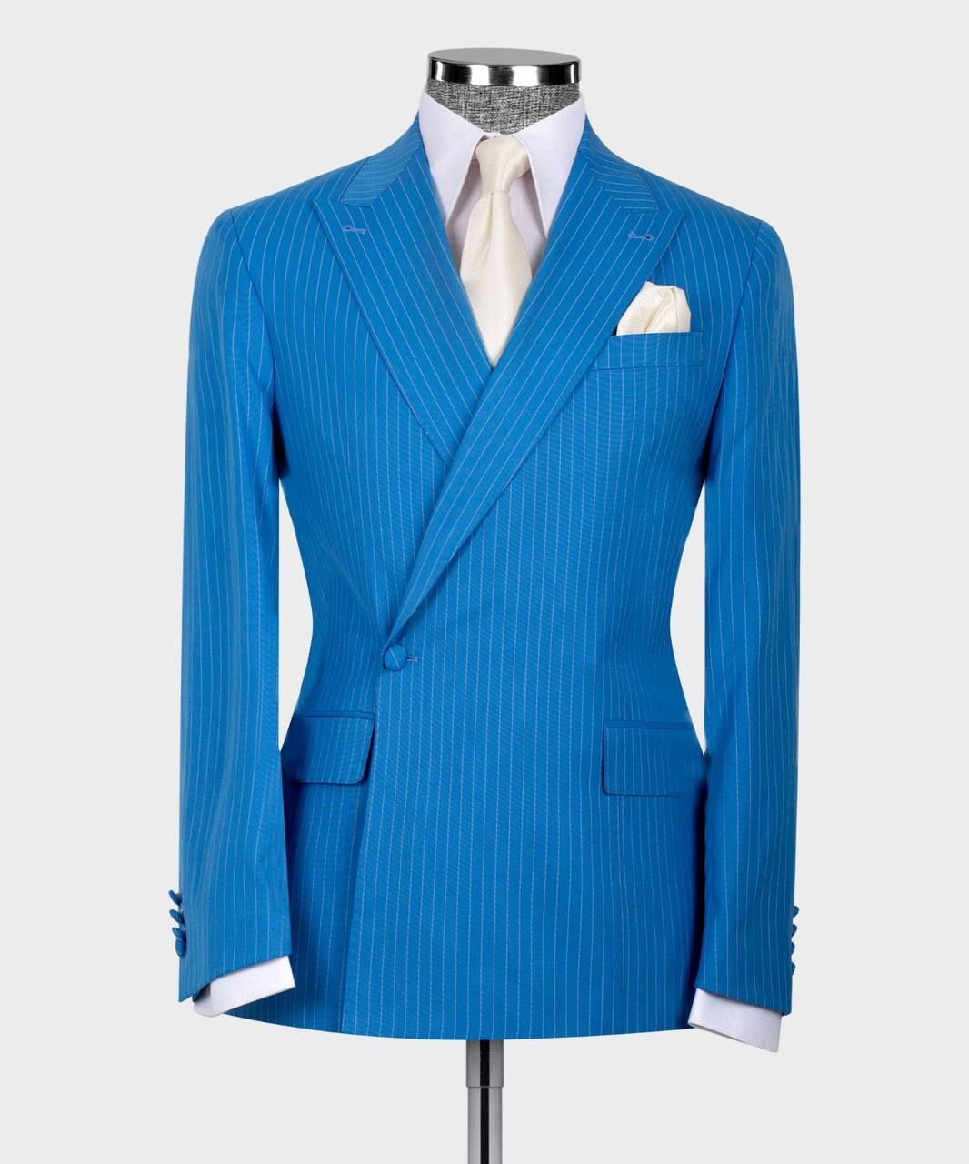 Blue Stripe One Button Fashion Slim Fit Simple Business Suits