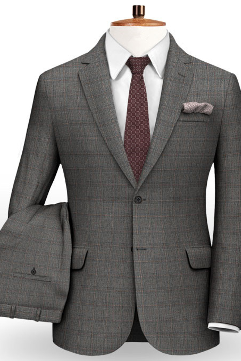 New Fashion Grey Plaid Men Suit Formal Business Men Blazer 2 Piece Groom Tuxedos