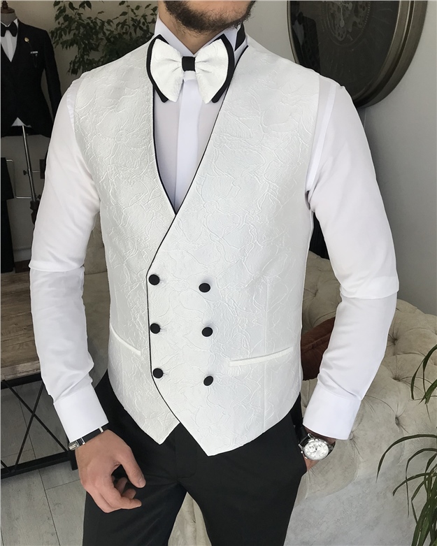 White Lapel Collar Jacquard Three-Piece Groom Suit