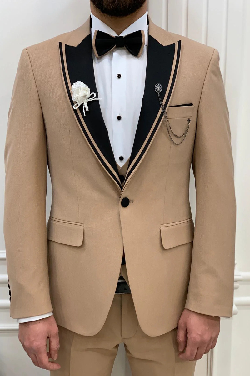 Italian Gold Slim Striped Peak Lapel Three-Piece Tuxedo
