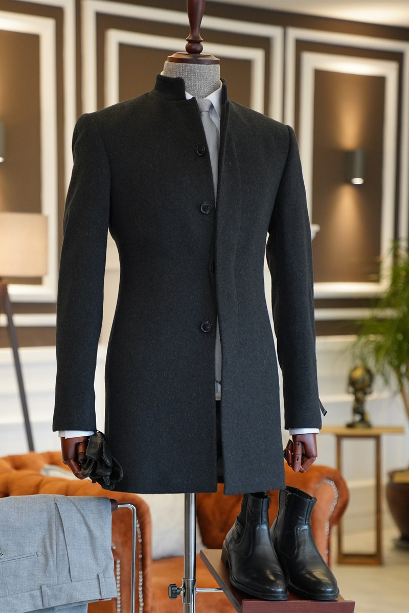 John Heritage Black Stand Collar Slim Fit Business Wool Coat