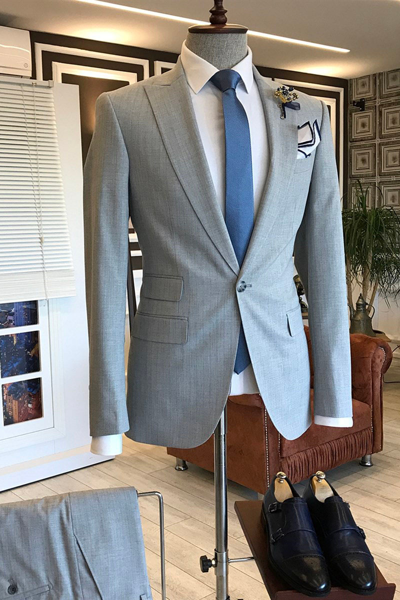Clement Grey Pointed Lapel One-Button Three-Flap Business Suit