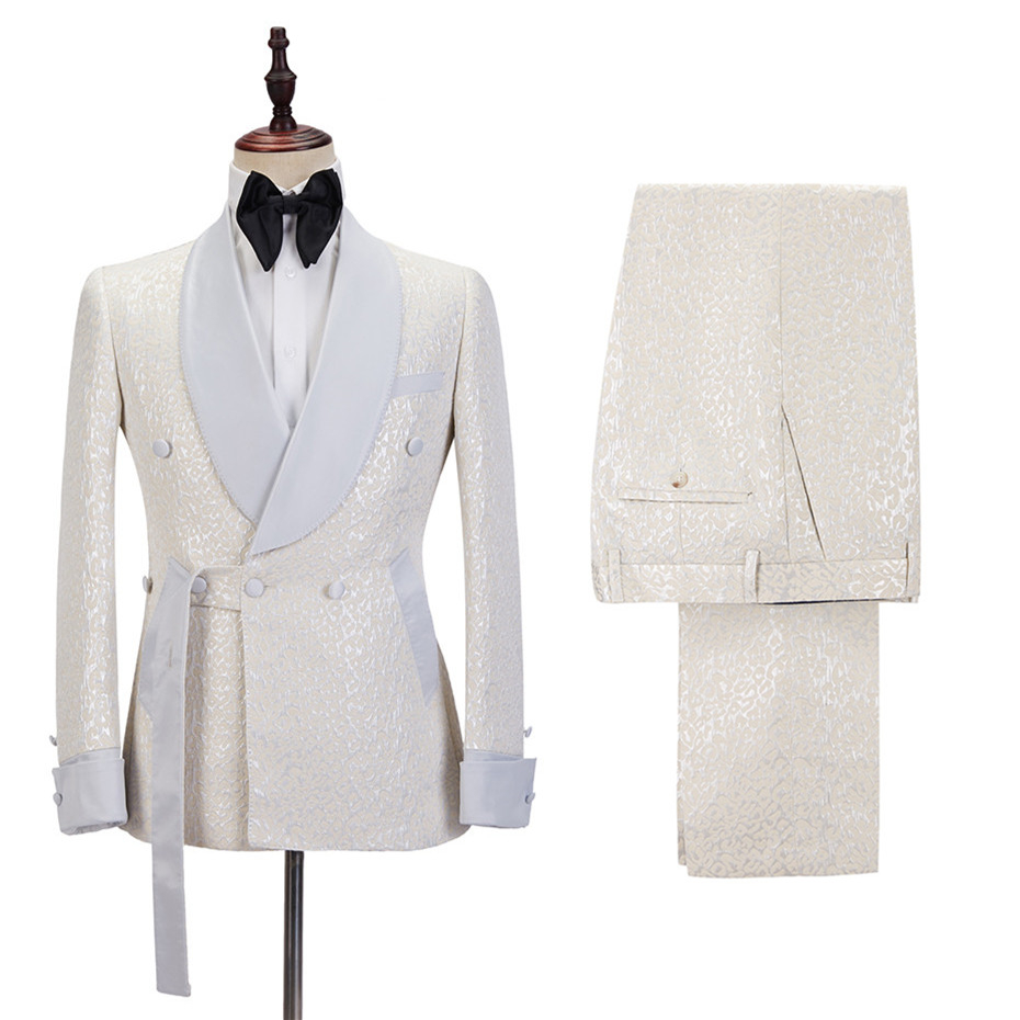 Patrick Off White Shawl Lapel Slim Fit Jacquard Custom Wedding Suit