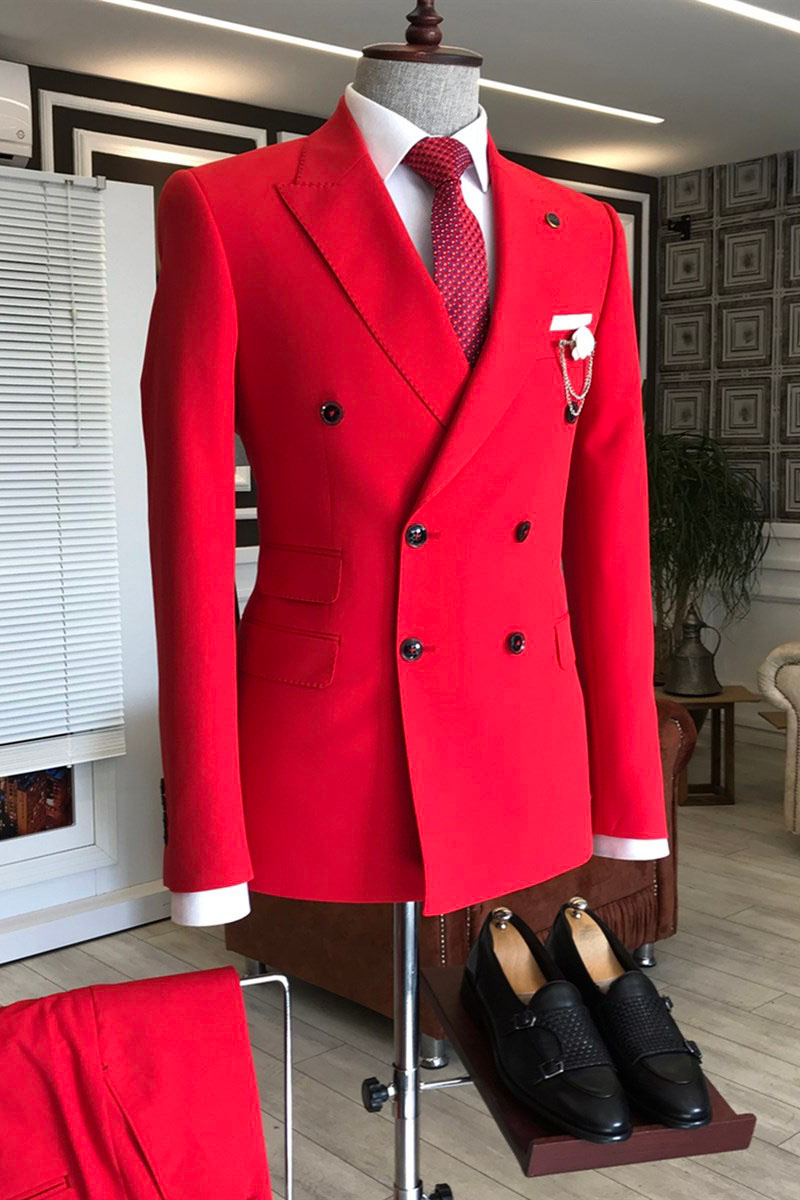 Ivan Red Point Lapel Double Breasted Custom Slim Fit Prom Men Suit