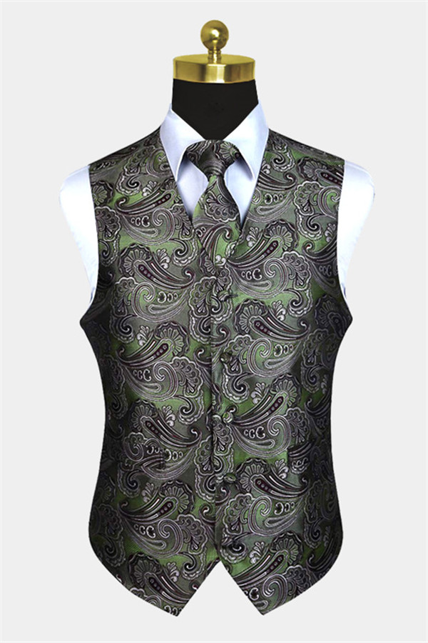 Olive Green Paisley Men Waistcoat