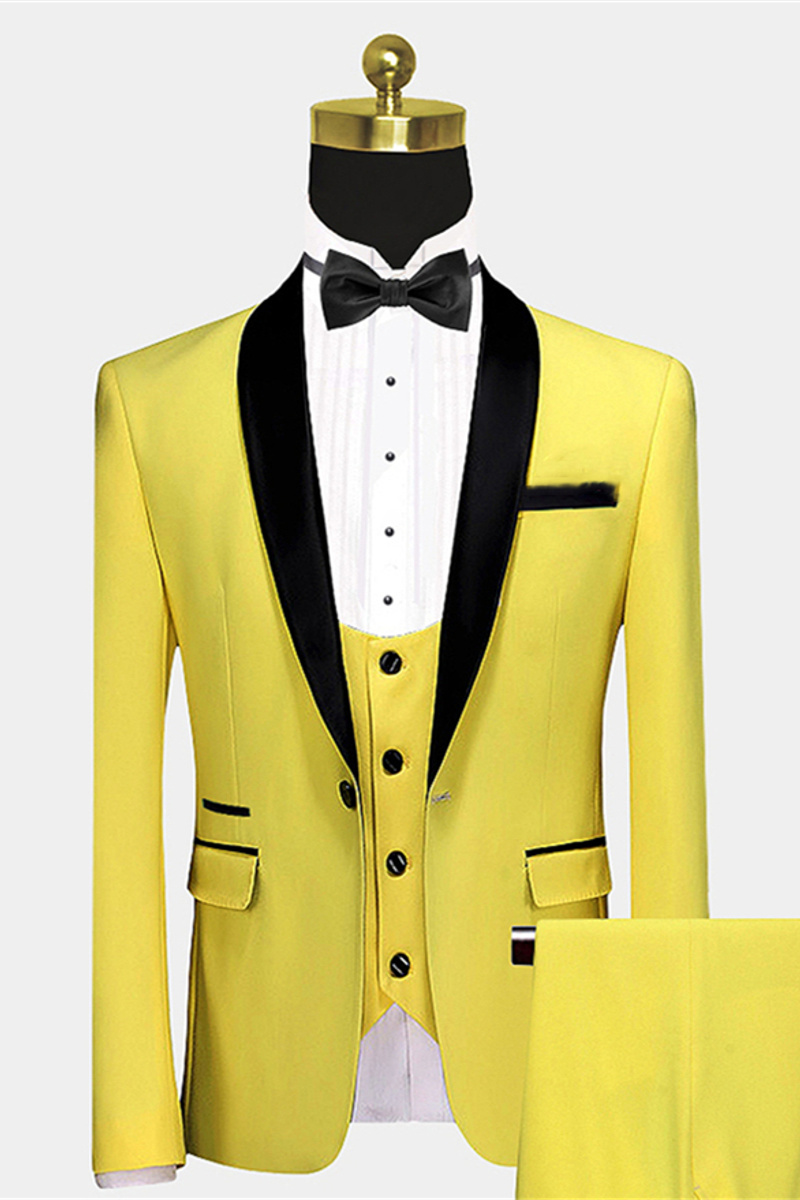 Unique Bright Yellow Wedding Tuxedos For Groom Black Satin Shawl Lapel Prom Suits