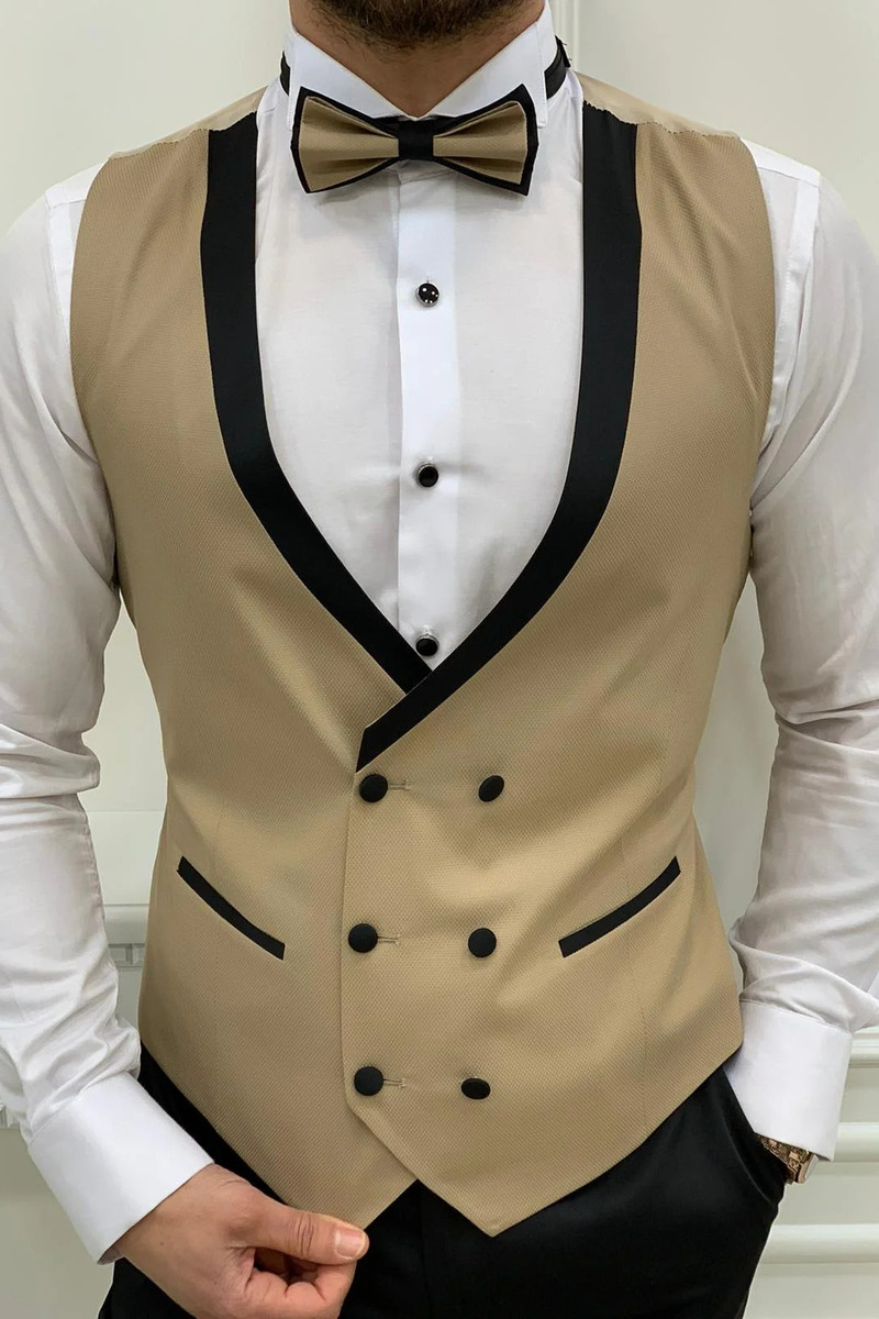 Stylish Gold Slim Fit Shawl Lapel Three Piece Tuxedo