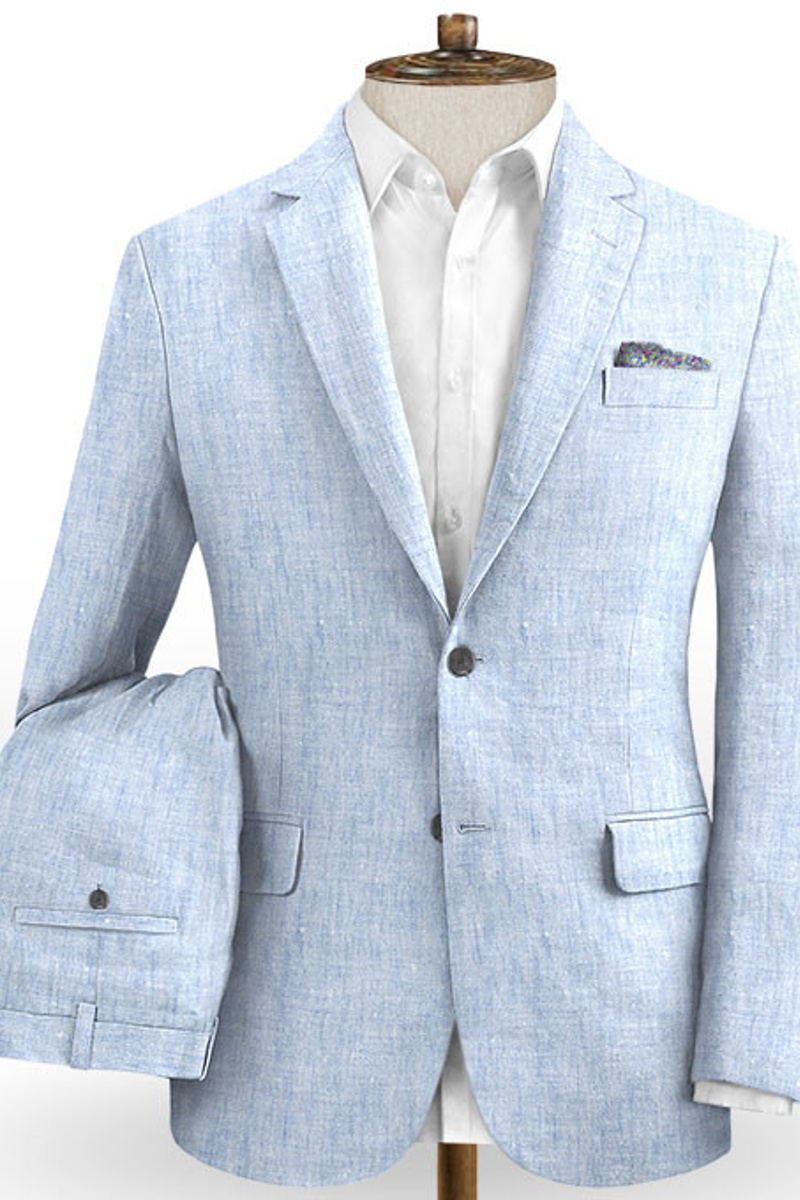 Sky Blue Cotton Linen Summer Wedding Suit Beach Suit Groom Tuxedo Blazer