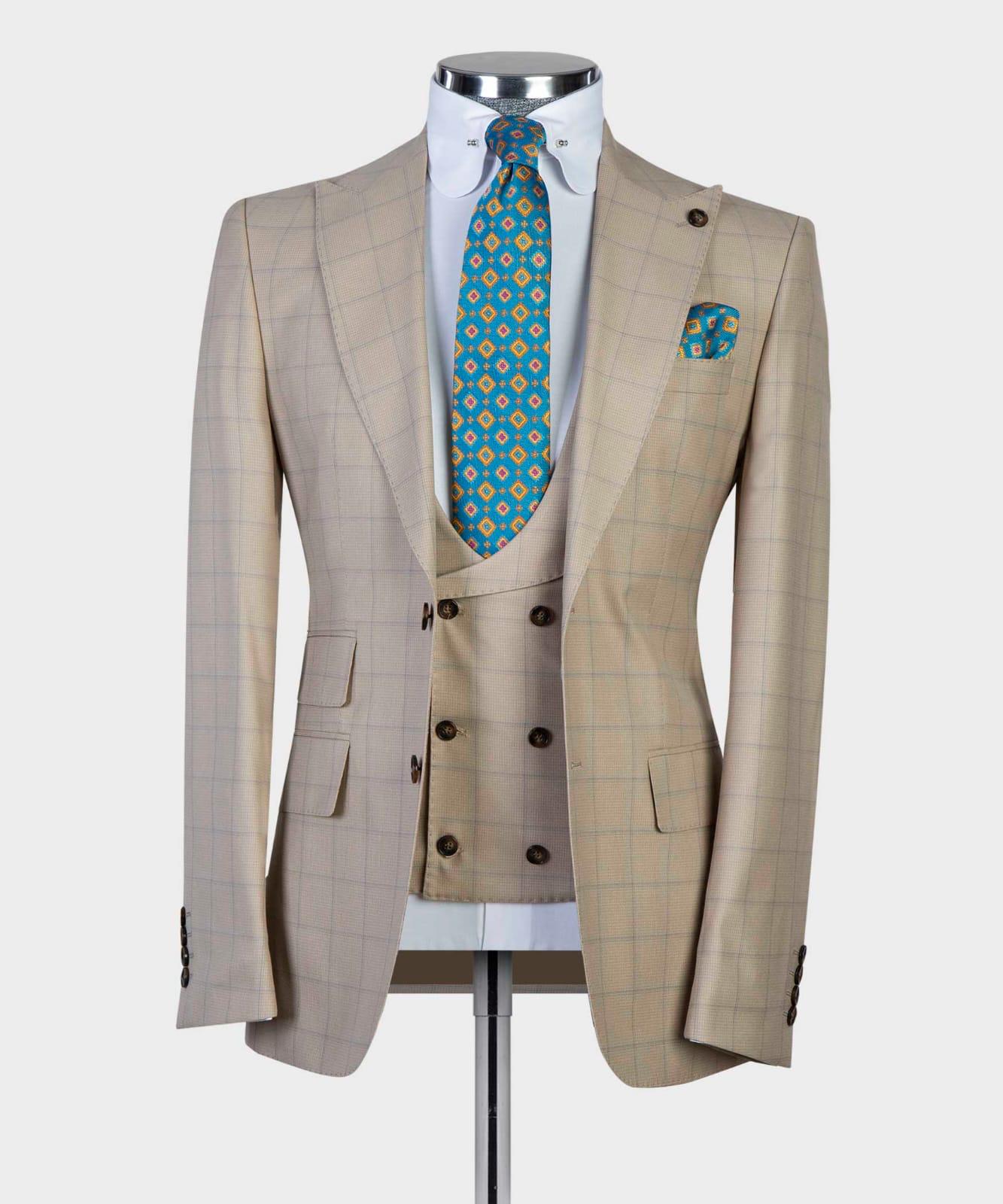 Fashion Black Khaki Check Three-Piece Suit with Pointed Collar