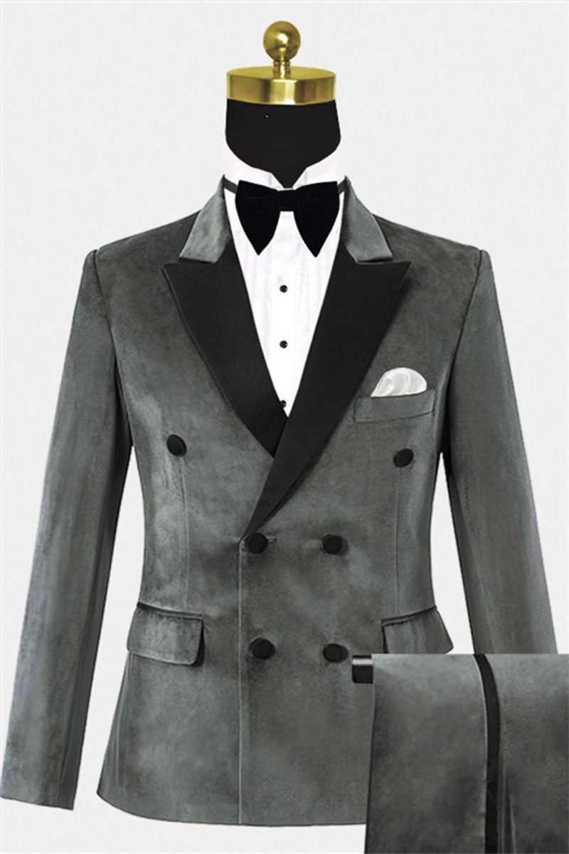 Grey Velvet Prom Suit Double-Breasted Suit