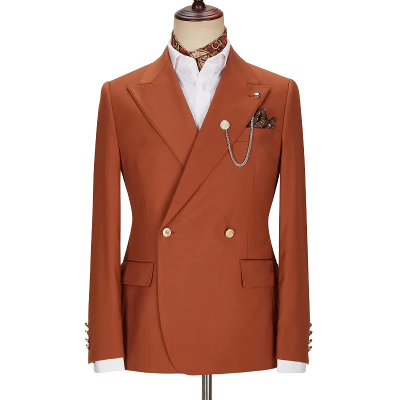 Brown Peak Lapel Double Gold Buttons Breasted Prom Suit
