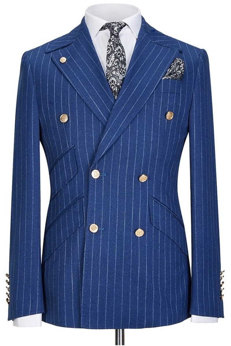 Medium Blue Peaked Lapel Collar Gold Button Double-Breasted Striped Two-Piece Suit
