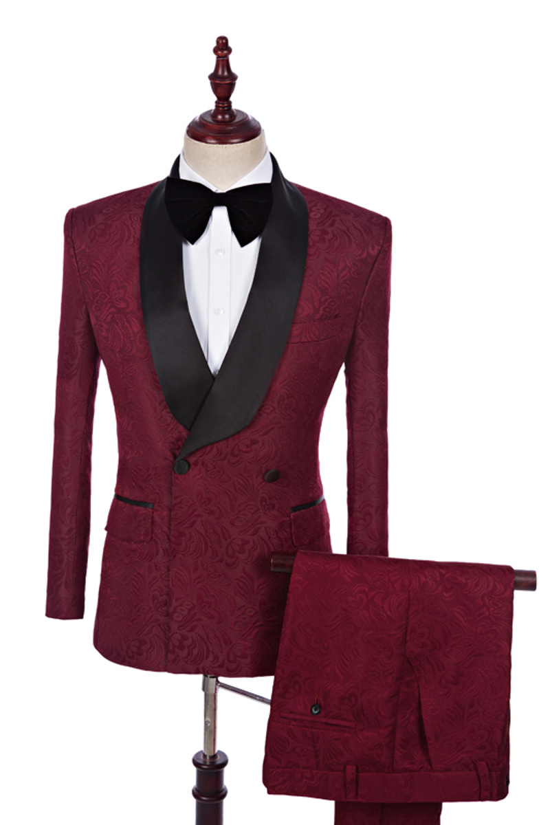 Richard Burgundy Jacquard Double-Breasted Wedding Suit