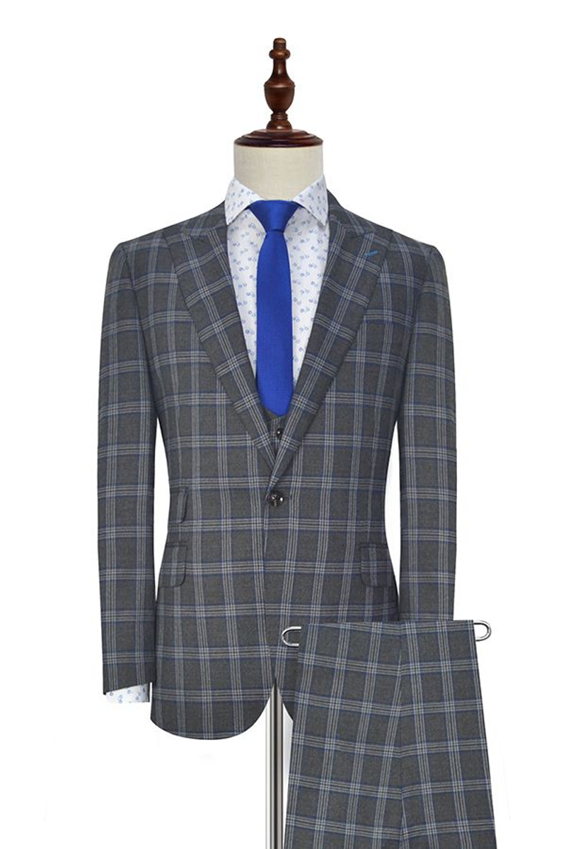Soft Dark Grey Oversized Check Suit Peak Lapel Three-Piece Suit