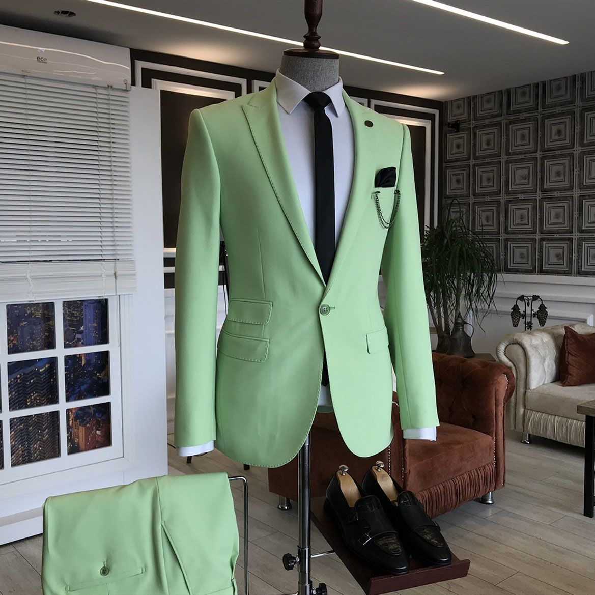 David Light Green Pointed Lapel 3 Flap Men Prom Suit