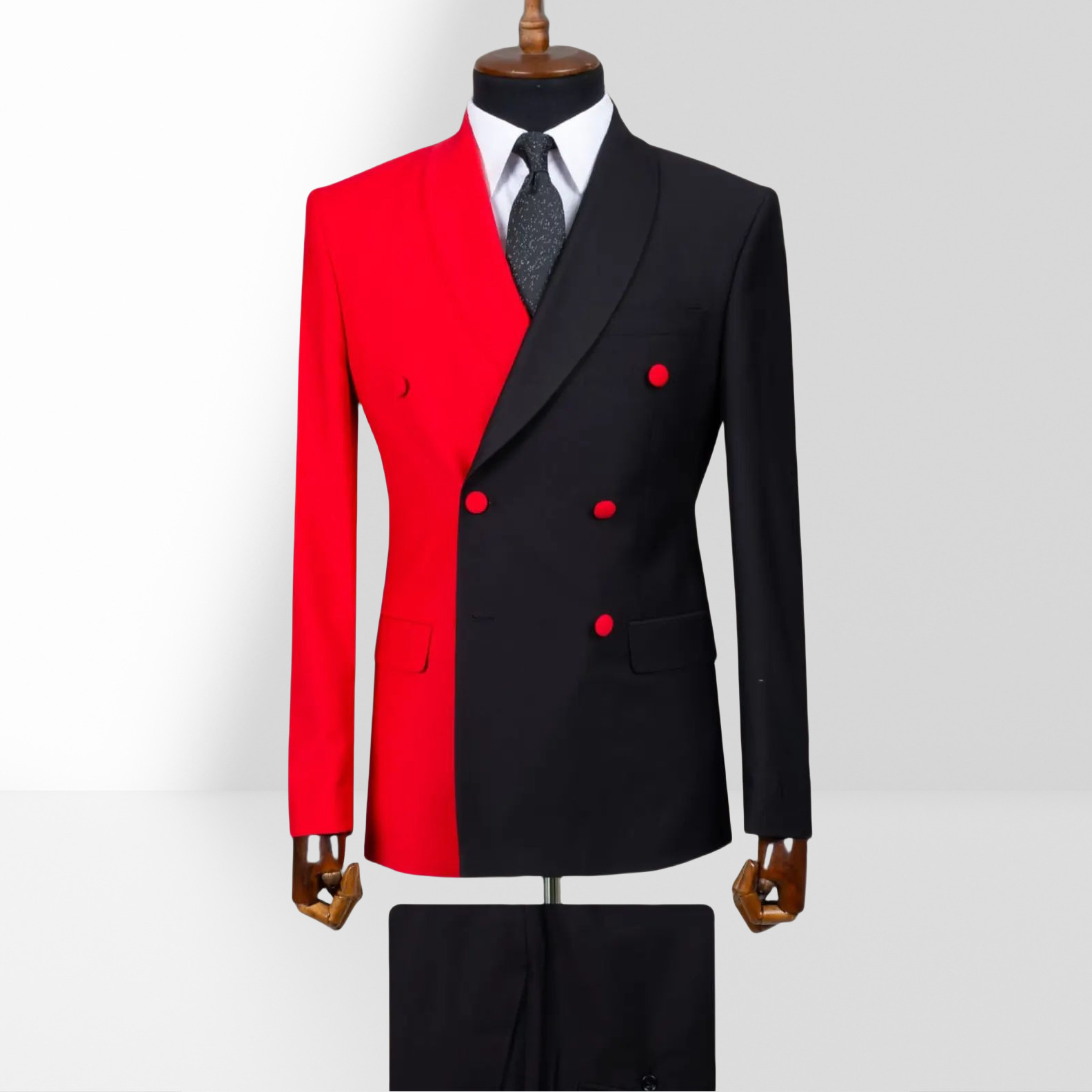 Red and Black Double-Breasted Slim Fit Two-Piece Suit with Shawl Collar