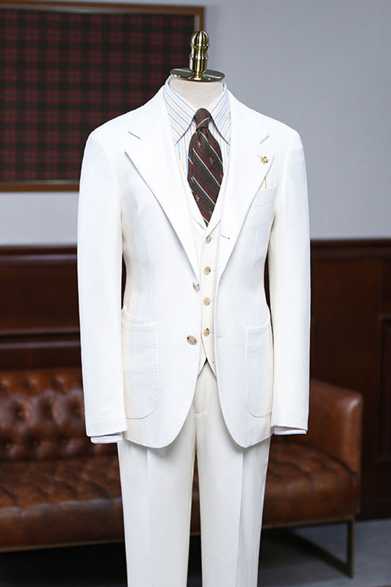 August Simple White Three-Piece Notched Lapel Slim Fit Custom Business Suit