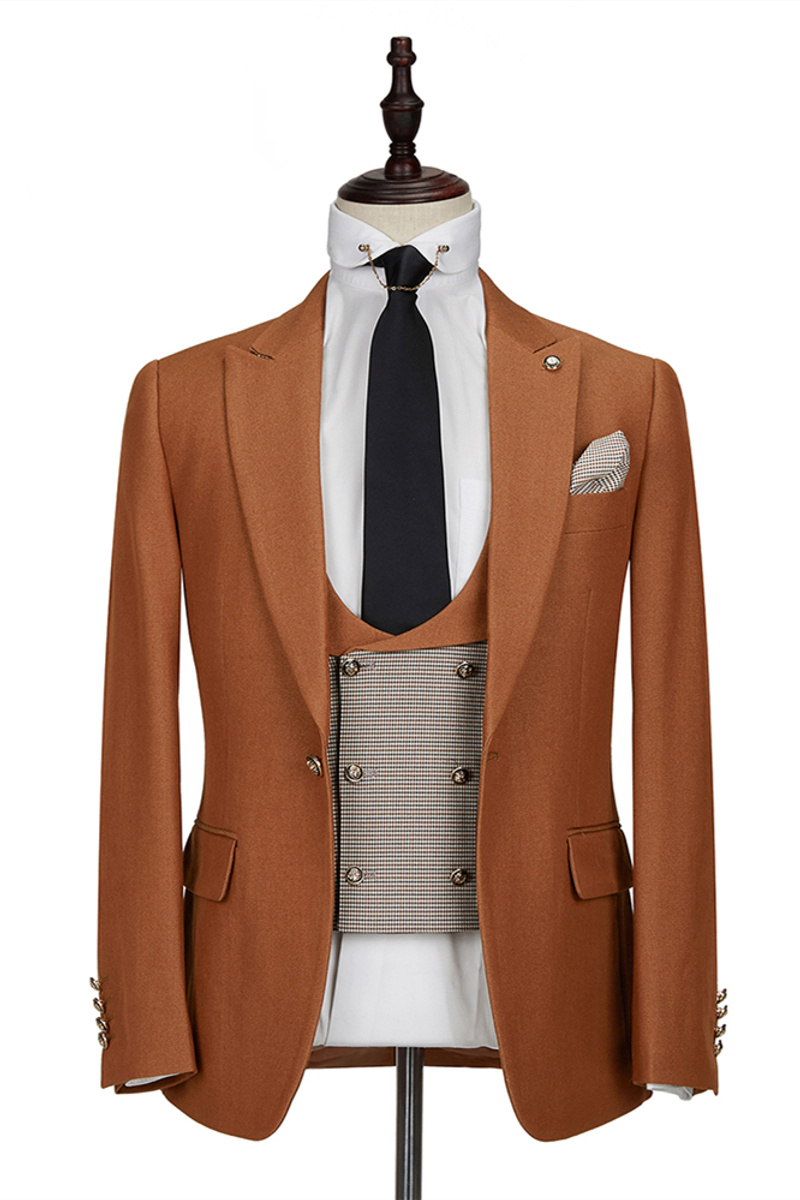 Orange Peak Lapel Three-Piece Suit with Double-Breasted Waistcoat