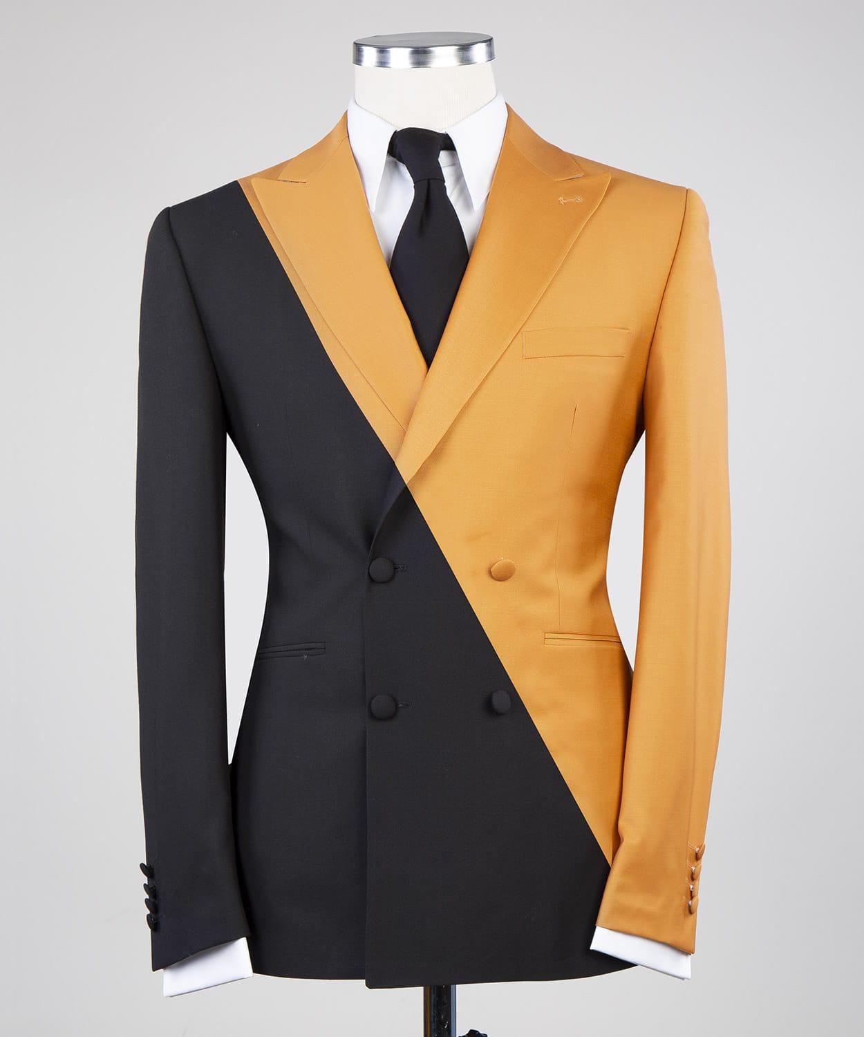 Golden Yellow And Black Spike Lapels Double Breasted Chic Prom Suit