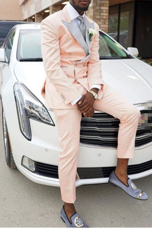 Cute Blush Pink Double Breasted Pointed Lapel Prom Dress For Men