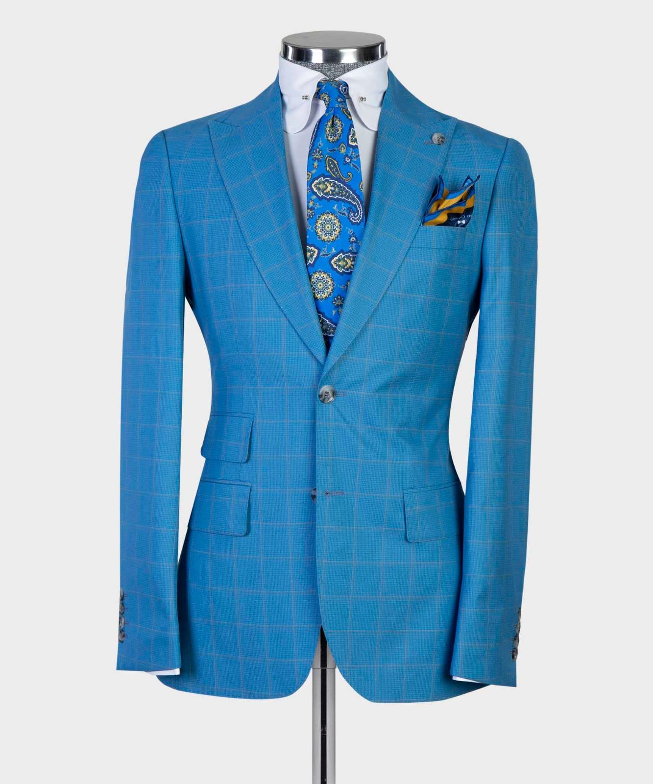 Blue Plaid Three Pieces Peaked Lapel Men Suits For Business