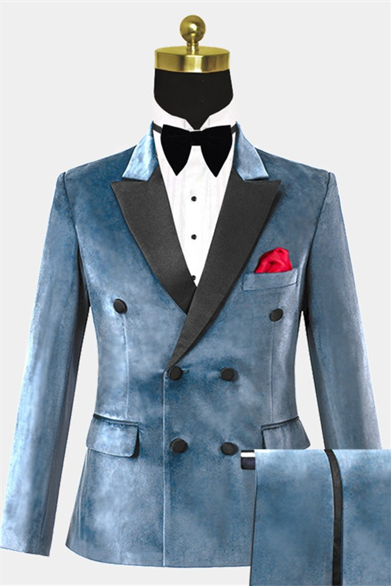 Steel Blue Velvet Tuxedo Double-Breasted Prom Suit