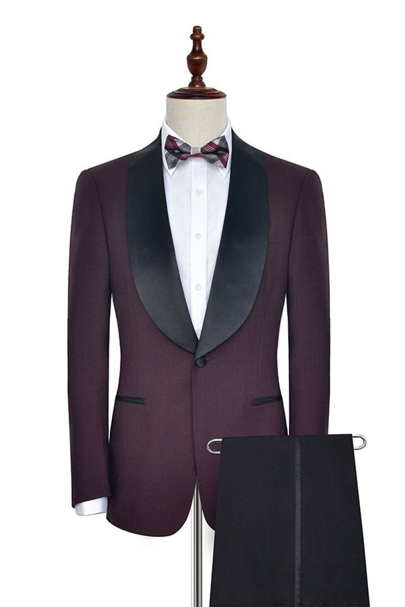 Luxury Black Shawl Collar One-Button Burgundy Wedding Suit