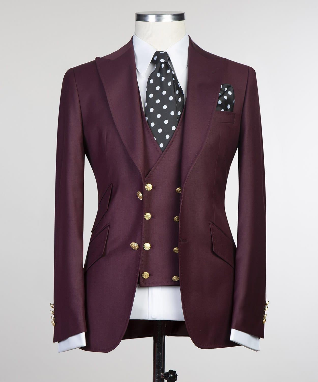 Fashion Burgundy Three-Piece Peaked Lapel Suit