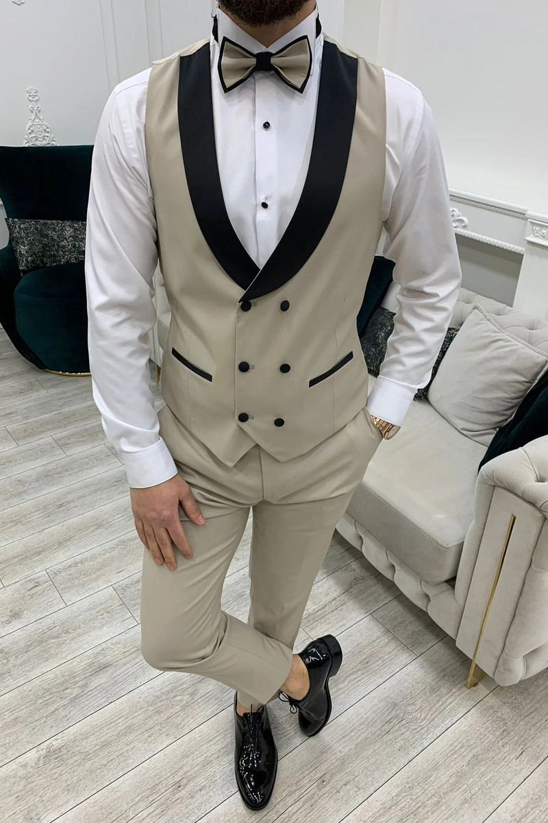 Modern Beige Slim Peak Collar Three-Piece Tuxedo