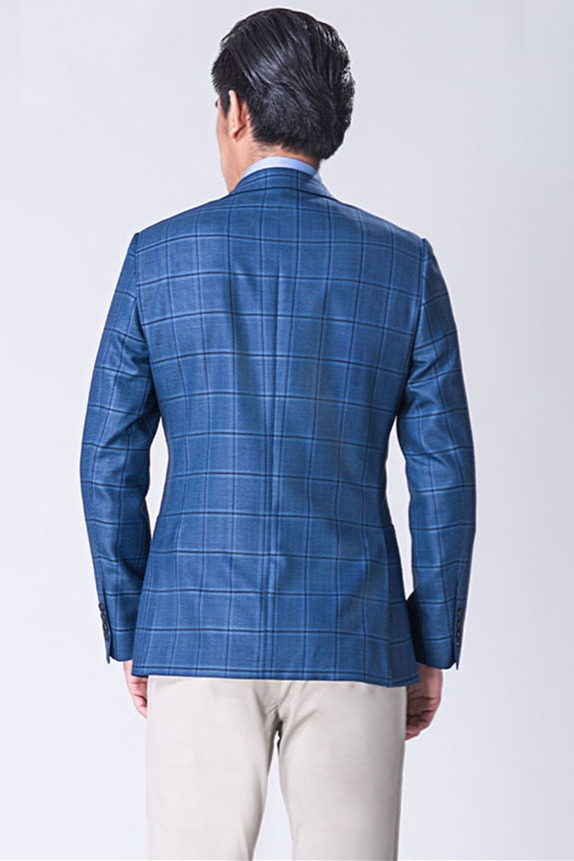 Elegant Point Collar Check Blazer Blue Check Fitted Jacket