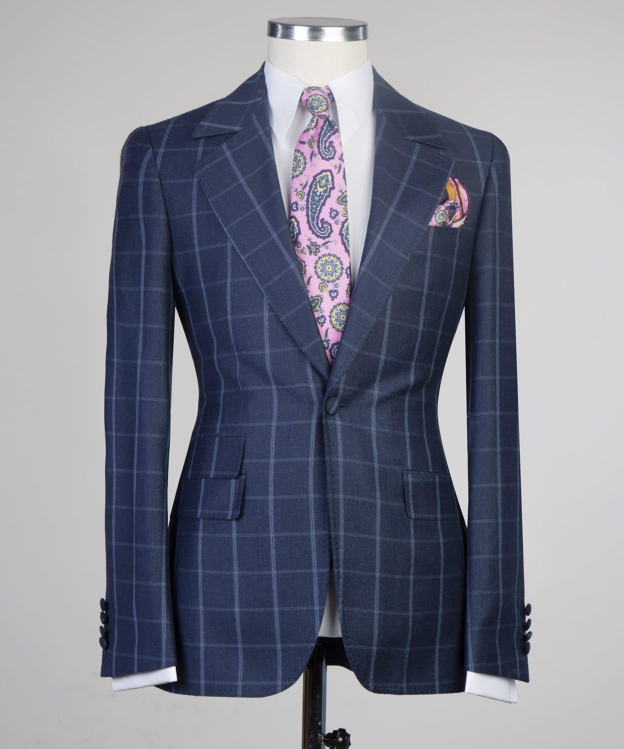 Stylish Navy Plaid Slim Fit Tailored Men Suit For Business