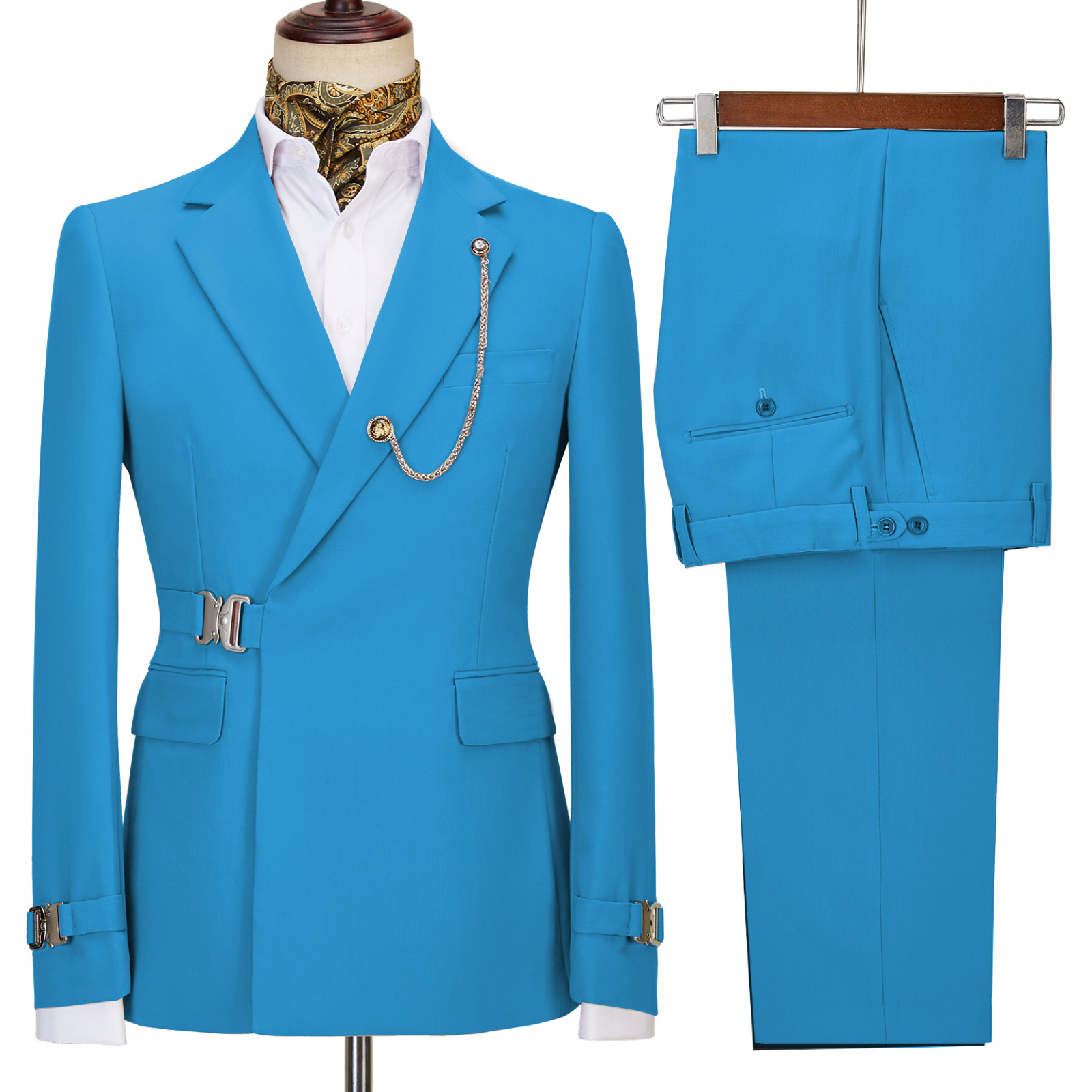 Stylish Blue Slim Open Collar Two Piece Prom Suits