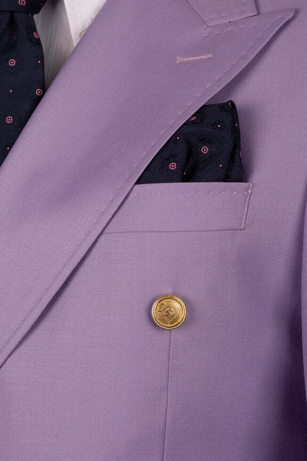 Stylish Purple Double-Breasted Men's Two-Piece Suit with Three Pockets