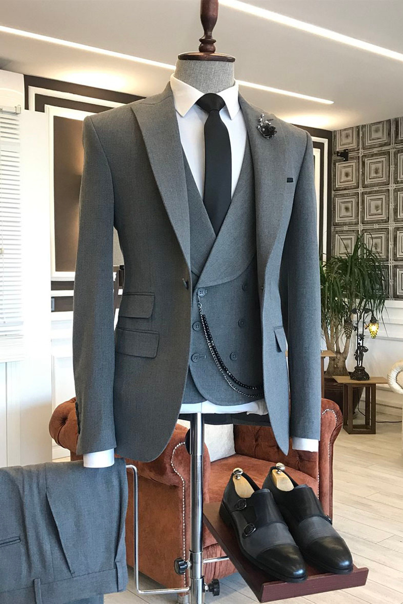 Rice Field Dark Grey Three-Piece Point Lapel One-Button Business Suit