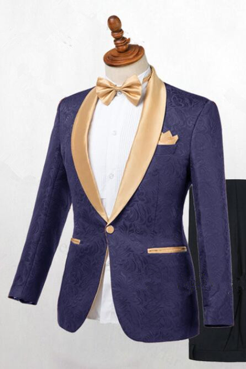 Colton Dark Blue Jacquard Shawl Lapel Wedding Set