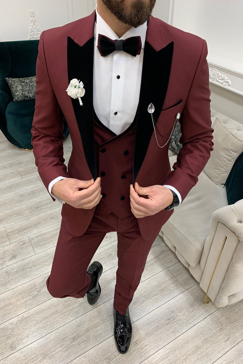 Modern Fashion Burgundy Velvet Slim Fit Three-Piece Tuxedo with Peak Collar