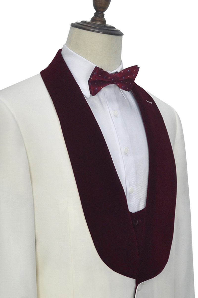 Velvet Shawl Collar White Wedding Tuxedo Burgundy Three-Piece Suit