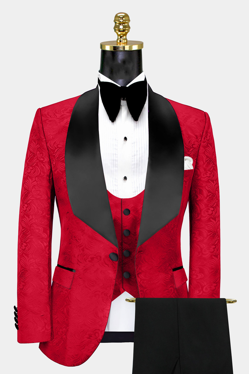 Wayne Shawl Lapel Jacquard Red and Black Tuxedo Three-Piece Set
