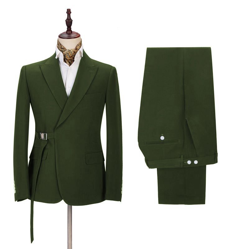 Olive Green Custom Peak Lapel Prom Suit