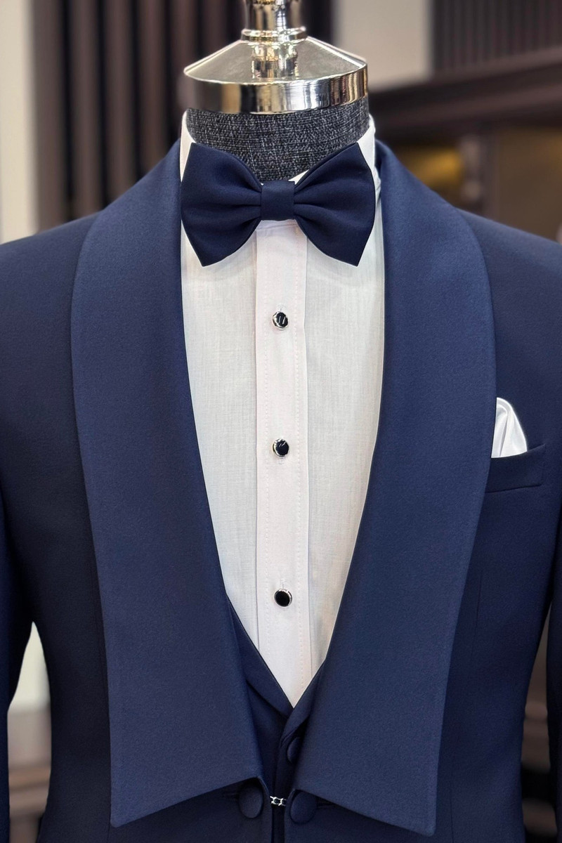 Italian Style Navy Blue Modern Slim Fit Shawl Collar Groom Suit Three Piece