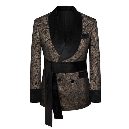 Black Men Nightgown Suit Shawl Collar Velvet Two Piece  Suits | Banquet Prom Suit With Belt_2