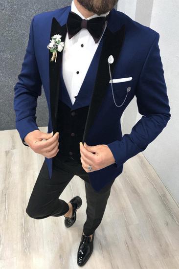 Three Piece Black and Blue Peak Lapel Wedding Suit Tuxedo with Vest_1