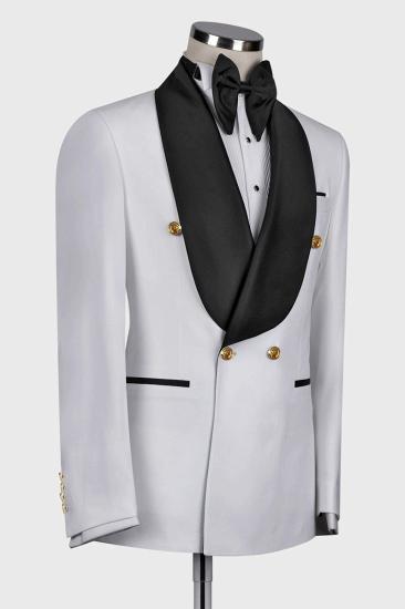 White Double Breasted Flap Wool Blend Shawl Collar Men Wedding Suit | Gold Buttons_2