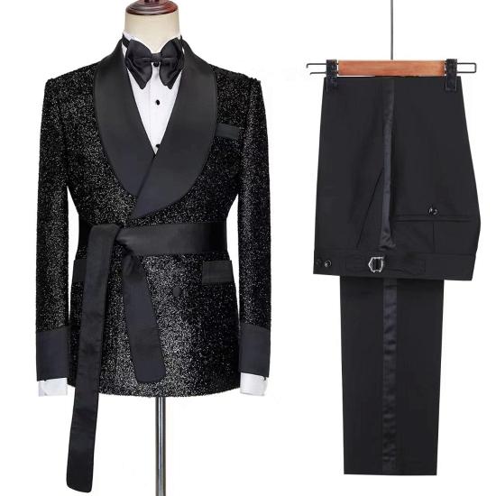 Billy Shiny Black Men Robe Suit Shawl Collar Two Piece | Belted Wedding And Prom Suit_2