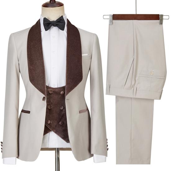 Joseph Fashion Light Champagne Shawl Lapel Shiny Slim Fit Three Piece Men Suit_5