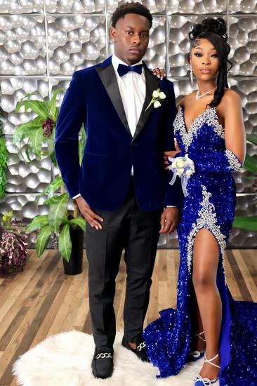 David Elegant Navy Wool Velvet Prom Suits With Peaked Lapel_1